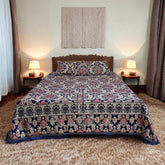 Piloria Luxury Navy Blue Velvet Jacquard King Size Bed Sheet Set with Pillowcases & Cushion - Elegant Floral Pattern